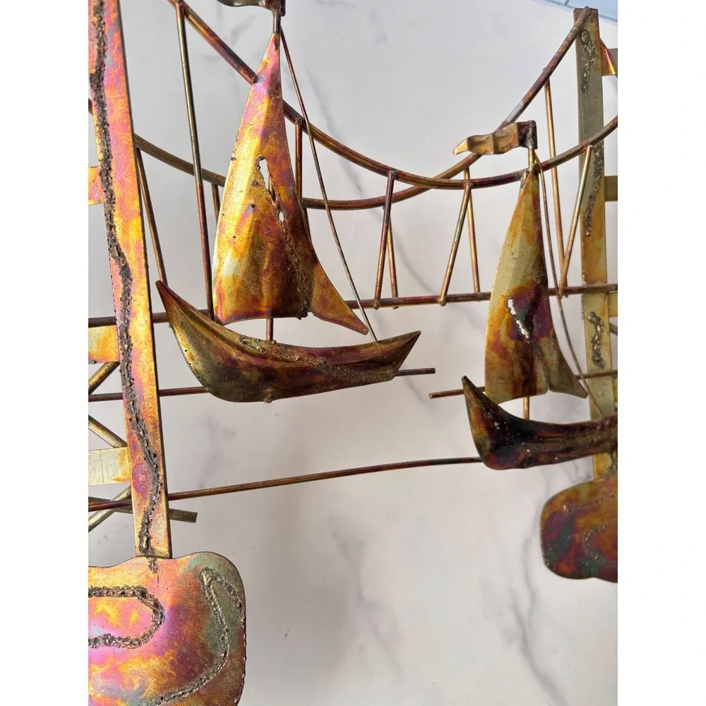 Vintage Brutalist Metal Wall Art Golden Gate Bridge Sailboats MCM Copper Brass